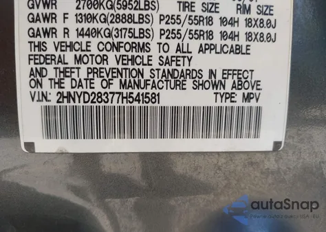 2007 Acura Mdx Technology Package z USA, uszkodzony, nr VIN 2HNYD28377H541581